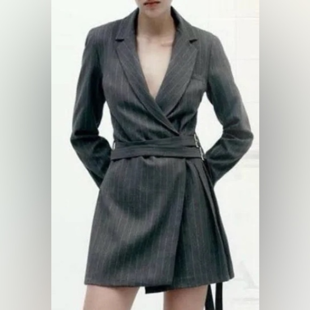 Zara Pleated Gray Pinstripe Wrap Blazer Dress Size L